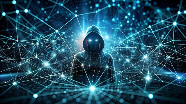 Silueta de hombre con capucha que representa la red oscura con elementos tecnol&oacute;gicos