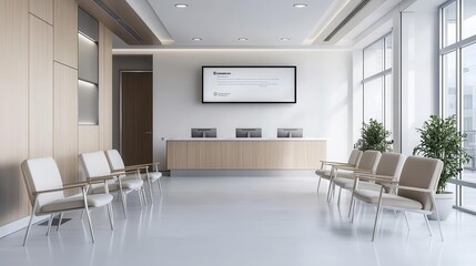 Hospital waiting room with 3D projection screens showcasing hospital services, 3D projection, informative design