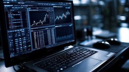 An open laptop displays detailed stock market charts and graphs, representing analytics, financial strategy, and modern investments in the digital economy.