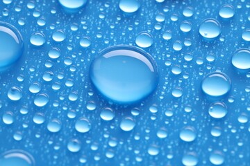 Water drops on blue background, closeup view