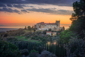 View from above of Rosignano Marittimo and the sea in the background. Tuscany, Italy