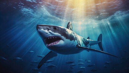 Fototapeta premium killer whale Orcinus orca is swimming in the deep blue sea. The water is blue, and the sun is shining brightly. Generative AI