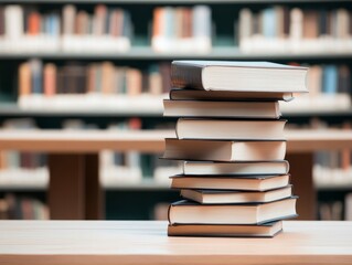 A Stack of Books in Front of a Wooden Library Bookcase Filled with Academic Literature
