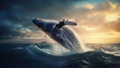 Fototapeta premium A whale is leaping out of the water, creating a splash. Concept of freedom and power, as the whale soars through the air. Generative AI