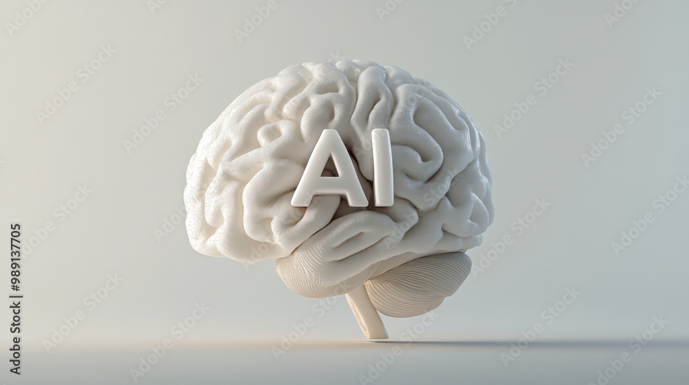 Poster Artificial intelligence. digital brain with letters AI on white background. Robotics concept. Cyborg brain. modern technology, neural network, digital data