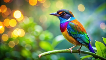 Fototapeta premium Colorful bird with crest perched in lush green environment with bokeh effect