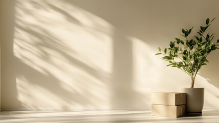 A minimalist interior featuring a potted plant and cardboard boxes bathed in sunlight, embodying simplicity, tranquility, and a touch of nature indoors.