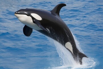 Fototapeta premium A black and white orca whale leaps out of the water. Concept of freedom and power as the whale soars through the air. Generative AI