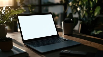 A daytime scene with an open laptop on a desk, surrounded by a coffee cup and lush indoor plants, suggesting a productive and relaxing work environment.