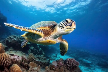 Obraz premium A turtle swims in the sea, with a school of fish swimming nearby. with coral reefs and fish creating a beautiful underwater view. Generative AI