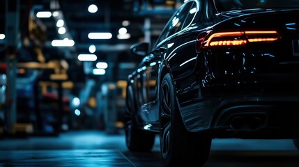 This image portrays a sleek car parked in a dimly lit industrial garage at night, emphasizing the vehicle's design against the backdrop of a modern urban environment.