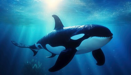 Obraz premium An Orcinus orca is swimming in the deep blue sea. This whale is surrounded by sunlight, creating a beautiful and peaceful atmosphere. Generative AI