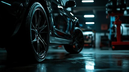 A side view of a car with sleek design parked in a modern, well-lit underground garage, with reflections on the wet floor under cool lights.