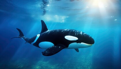 Obraz premium An Orcinus orca is swimming in the deep blue sea. This whale is surrounded by sunlight, creating a beautiful and peaceful atmosphere. Generative AI