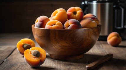 Wooden bowl with apricots on kitchen table background