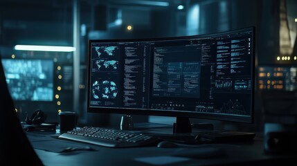 An advanced computer setup with numerous curved monitors displaying technical information and maps, creating a futuristic and technologically immersive workspace environment.