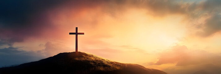 Shining cross on Calvary hill, sunrise, sunset sky background. Copy space. Ascension day concept. Christian Easter. Faith in Jesus Christ. Christianity. Church worship, salvation concept.