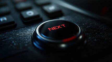 A dark-themed close-up of a button labeled 'NEXT' with a striking red glow, signifying advancement and the act of moving forward within a high-tech environment.