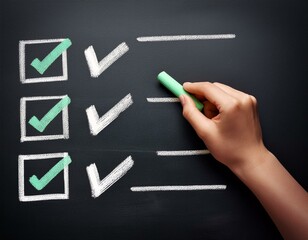 double check validate verify confirm on a checklist hand writing on a blackboard