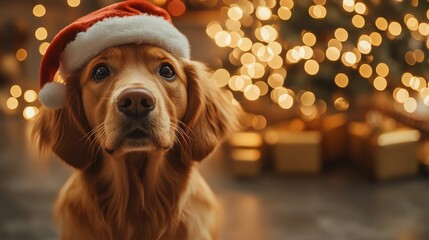Un perro con gorro de Navidad posa frente a un árbol decorado, rodeado de luces y regalos, creando un ambiente festivo y tierno.