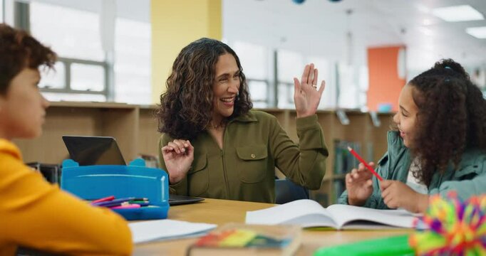 Students, tutor and library with classroom help, support and teacher with child development and growth. Writing, mentor and listening at school with education, communication and campus learning - Powered by Adobe