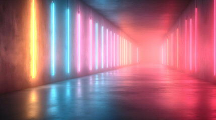 Neon Lights Illuminate Concrete Corridor with Glowing Reflections