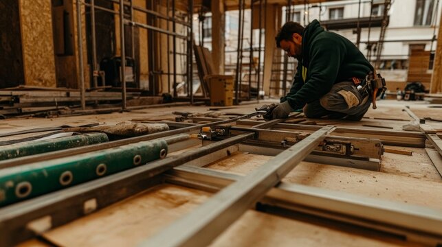 Obrero agachado en una construcci&oacute;n ensamblando vigas de metal en una estructura de acero, mostrando el progreso de una obra en construcci&oacute;n
