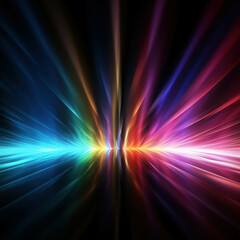 Obraz premium Abstract Light Burst: A mesmerizing abstract background featuring a vibrant burst of light in shades of blue, orange, yellow, and purple, radiating outward against a deep black backdrop. This dynamic 