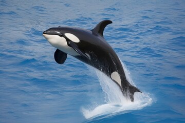 Fototapeta premium A black and white orca whale leaps out of the water. Concept of freedom and power as the whale soars through the air. Generative AI