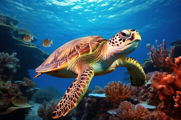 Fototapeta premium A turtle swims in the sea, with a school of fish swimming nearby. with coral reefs and fish creating a beautiful underwater view. Generative AI