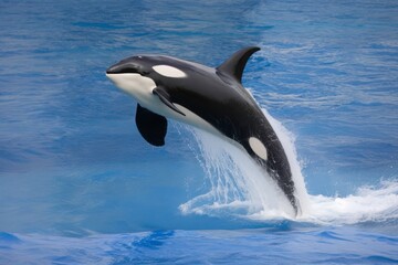 Fototapeta premium A black and white orca whale leaps out of the water. Concept of freedom and power as the whale soars through the air. Generative AI