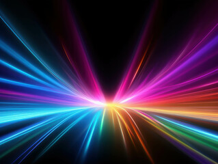 Abstract Light Burst: A mesmerizing abstract background featuring a vibrant burst of light in shades of blue, orange, yellow, and purple, radiating outward against a deep black backdrop. This dynamic 