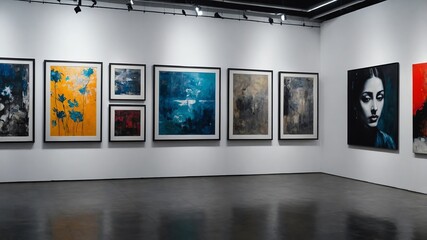 Art gallery with paintings on walls background