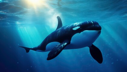 Fototapeta premium An Orcinus orca is swimming in the deep blue sea. This whale is surrounded by sunlight, creating a beautiful and peaceful atmosphere. Generative AI