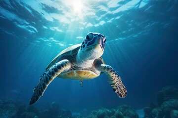 A turtle swims in the sea, with a school of fish swimming nearby. with coral reefs and fish creating a beautiful underwater view. Generative AI