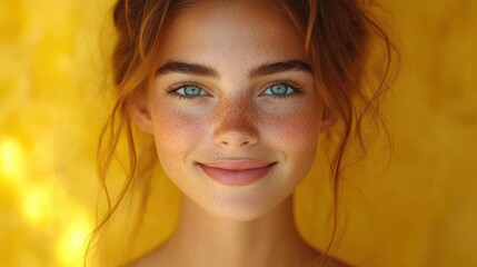 joyful portrait of young woman with radiant smile against vibrant yellow background natural candid expression captures genuine happiness and positive energy