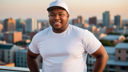 Fototapeta premium Plus size young black man wearing white t-shirt and white baseball cap standing on cityscape background