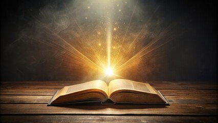 Open mystical esoteric book on wooden desk illuminated by a spot of light