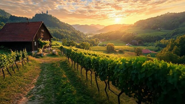 A small-scale, eco-friendly vineyard in Slovenia, where organic wine production supports local biodiversity.