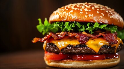 Closeup of a juicy cheeseburger with melted cheese, crispy bacon, and fresh lettuce, dripping with sauce, on a sesame seed bun