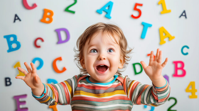 1 2 year old happy child on the background of letters and numbers, the concept of early education for preschool children