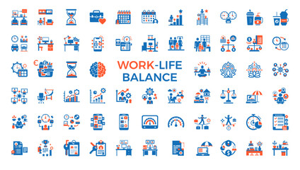 Fototapeta premium work life balance blue red icons person situations environments work personal life, flexibility adaptation integration resilience