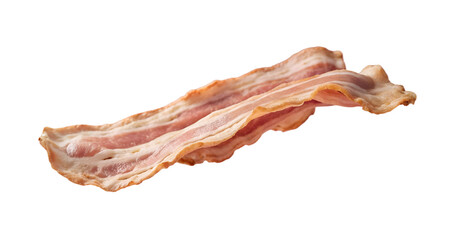 bacons flying in air, isolated on white background. Beef and Pork bacons meat slices flying. Sliced bacons floating. tasty fried bacon isolated on white, side view. A mouthwatering slice of bacon