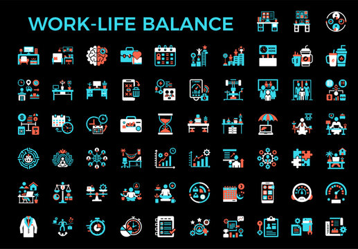 work life balance icon set on black background, harmony fun health home