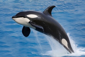 Fototapeta premium A black and white orca whale leaps out of the water. Concept of freedom and power as the whale soars through the air. Generative AI