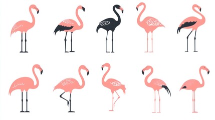 Obraz premium A collection of illustrated flamingos in various poses and colors.