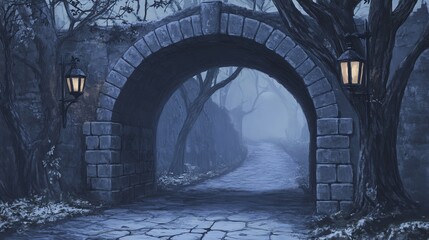 Gothic archway, flickering lanterns, winding path