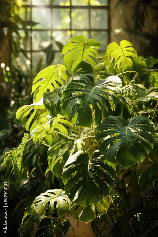 Poster sunlight filters through a window, illuminating a cluster of large monstera leaves in a lush indoor 