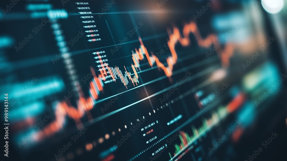 Poster visual representation of stock market trends and data analysis during evening trading hours in a mod