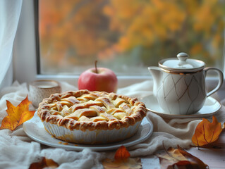 cozy autumn teatime with home backed apple pie --ar 4:3 --v 6.1 Job ID: 19ad6adc-2616-4bc8-8de7-434717c11423